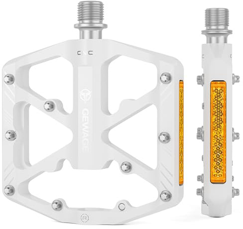 GEWAGE Cykelpedaler med Reflexer – Halkfria MTB-pedaler i CNC-aluminium, 3 Förseglade Lager, 9/16” Plattformpedaler för MTB, Landsväg & E-Bike (White)