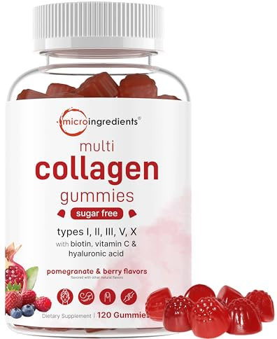 Micro Ingredients Multi Collagen Peptides, 120 Collagen Gummies | Type I,II,III,V,X Protein with Biotin, Hyaluronic Acid, & Vitamin C Complex | Pomegranate & Berry Flavored | Sugar Free, Non-GMO