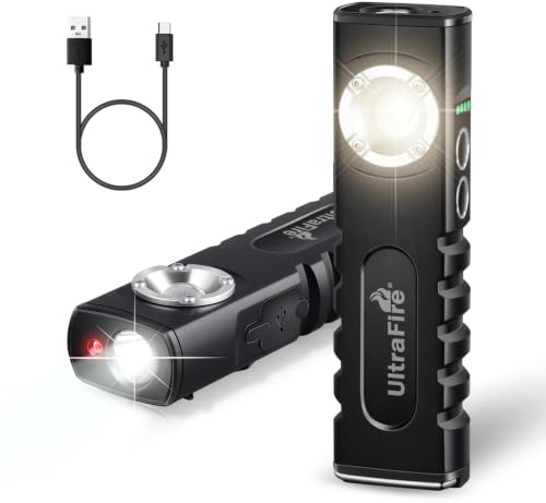 UltraFire Wiederaufladbare LED Arbeitsleuchte 350 Lumen Taktische Taschenlampe, Flache LED Taschenlampe mit Rotem Strahl, 3 Modi Arbeitslicht mit Magneten und Clip, für Arbeiten, Autoreparature