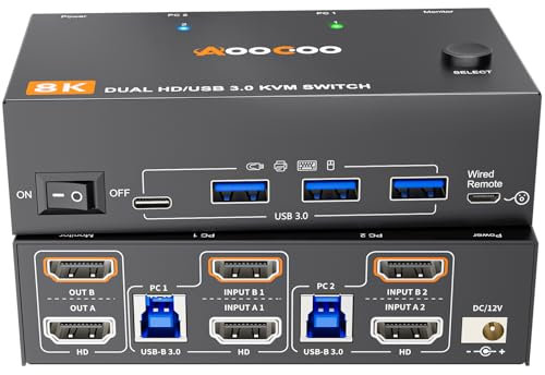 8K60Hz HDMI KVM Switch 2 PC 2 Monitore 4K120Hz USB 3.0 KVM Switches mit 4 USB Anschlüssen für zwei Computer Dual-Monitor,Kabelfernbedienung und USB-Kabel im Lieferumfang enthalten