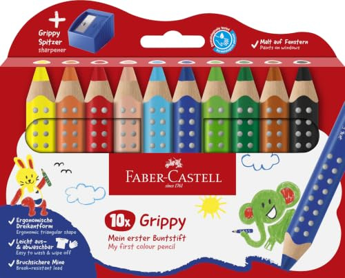 FABER-CASTELL - Buntstifte Set Grippy, 10 Malstifte und Anspitzer | Dicke 3-in-1 Farbstifte für Kleinkinder, ergonomischer Jumbo Buntstift mit Grip-Noppen, leicht abwaschbar