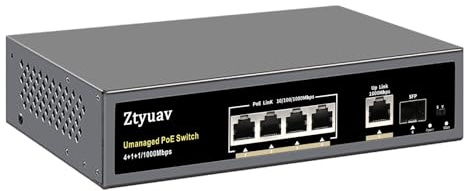 Ztyuav Unmanaged PoE Switch 6-Port Full Gigabit with 4 PoE+ Ports at 75W, 1 Uplink and 1 IEEE802.3af/at SFP Slot, Automatic PD Detection, VLAN Mode, 6KV Protection, Socket