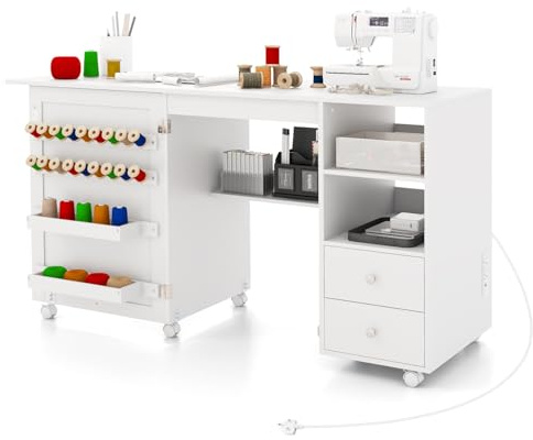 COSTWAY Folding Sewing Table with Charging Station, Craft Table (White) | Drop Leaf, Storage Shelves, Drawers, 18 Pegs, 6 Rolling Wheels, Hobby Sewing Machine Cabinet, Space Saving Computer Desk