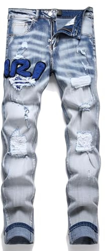 Kdtoll Vaqueros Hombre Slim Fit Rasgados con Bordado - Pantalones Vaqueros de Mezclilla Elástica, Estilo Streetwear Y2K, Moda Casual y Versátil