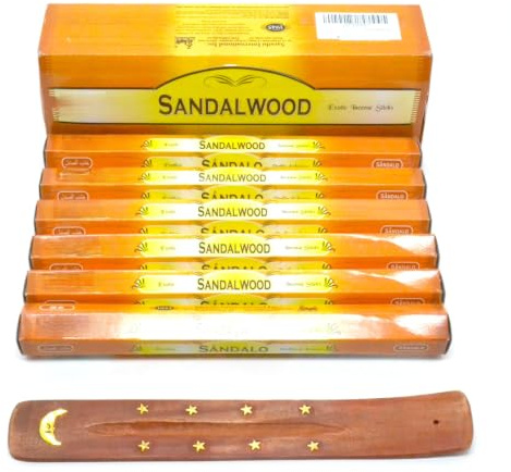Sandalwood 120 x Varitas de Incienso de Sándalo, Set de 6 Cajas con Soporte de Madera Decorativo