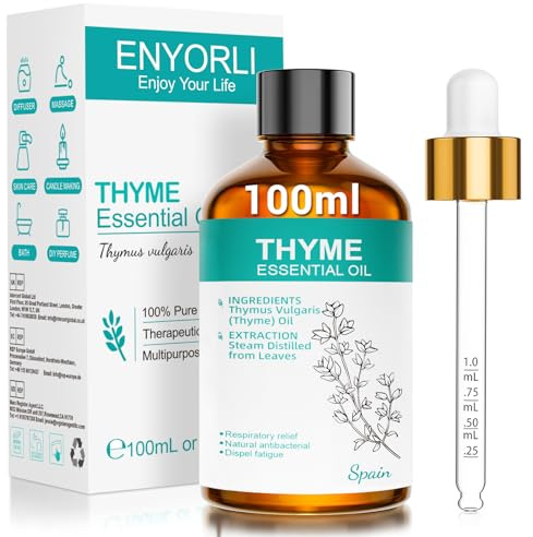 ENYORLI Ätherisches Thymianöl 100ml naturrein für Diffuser und Raumduft | Würzig-krautiger Thymianduft für Aromatherapie, Diffuser, Raumduft, Skalenpipette, Sauna, Seife und DIY