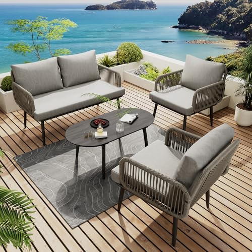 Gegtuon Gartenmöbel Sitzgruppe Set für Garten für 4 Personen, Outdoor Gartenmöbel-Set BalkonMöbel Essgruppe mit Tisch und Stühle für Balkon, Lounge Sofa Möbel mit Sessel und Couchtisch (Grau)
