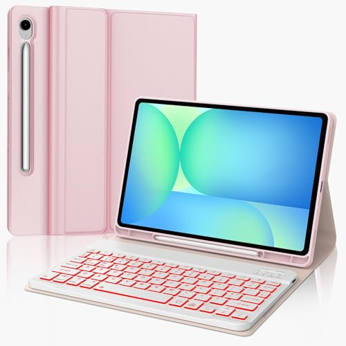 IVEOPPE Backlight Keyboard Case for Samsung Galaxy Tab S10 FE/ S9 FE, Pink | Slim Keyboard for Samsung Galaxy Tab S10 FE, 7-Color Backlight, Detachable Wireless Bluetooth Keyboard for Samsung Tab S9 FE