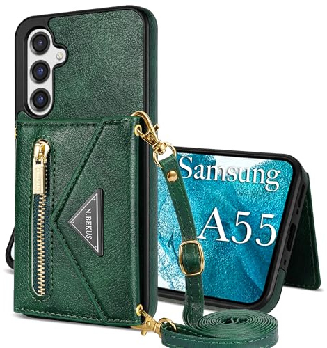 GUVAGI für Samsung Galaxy A55 5G Hülle mit Band Handykette Handyhülle,4-Karten Leder Klappbar Reißverschluss Handytasche Mädchen Case mit Abnehmbar Kette Schnur Tasche Hinten Umhängen (Grün)