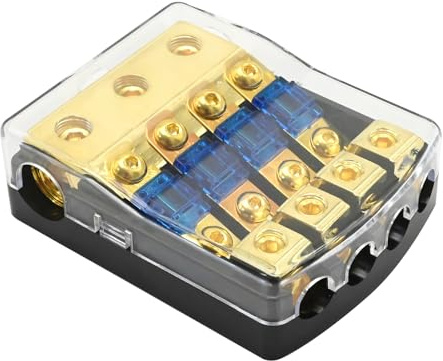 Hoypeyfiy 4 Wege Autostromverteilung mit 60 Ampere Klingensicherungen, Mini ANL Sicherungsblock 0/2/4 Gauge In 4/8 Verteilerblock ausmessen, für Auto LKW Boot Audio Stereo