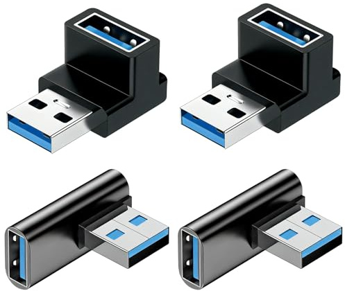 Juego de 4 adaptadores USB 3.0 Incluye 2 Piezas de ángulo Ascendente y Descendente Vertical de 90 Grados Macho a Hembra 2 Piezas Adaptador USB 3.0 Macho a Hembra en ángulo Recto con Giro de 90 Grados