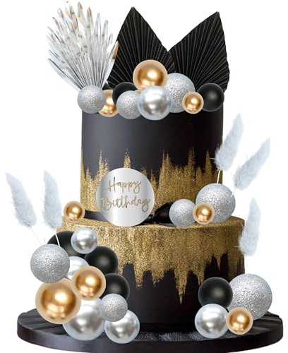 Gyufise Balls Cake Toppers Acrylic Happy Birthday Cake Topper Palm Leaves Cake Decorations for Birthday Wedding Baby Shower Party Supplies Black Silver