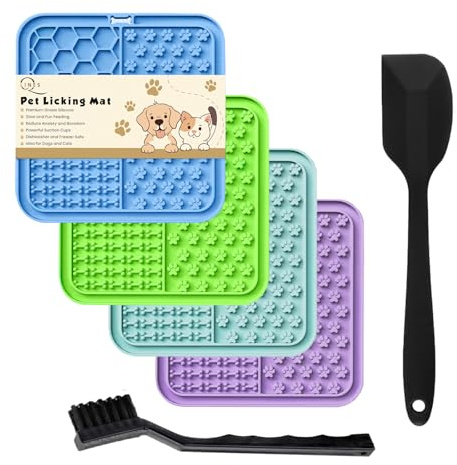 Licky mattor för hundar, paket med 4 slickmattor för hundar med stark sugkopp – långsam husdjursmatare för mat, jordnötssmör inkluderar spatel och borste – perfekt för omvårdnad och träning