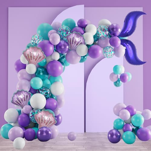 Meerjungfrau Luftballon Girlande Set mit 104 Stück Lilatönen, Metallic, Pastellfarben und Folienballons - inklusive Meerjungfrau-Muschel-Ballons und Zubehör - Grünsonne™