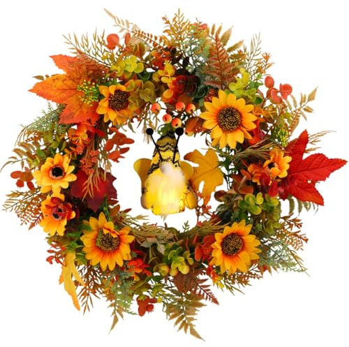 Türkranz Herbst 45cm Künstlicher Sonnenblumenkranz Herbstdeko mit Ahornblättern und Biene Licht für Haustür, Wand, Innen und Außen
