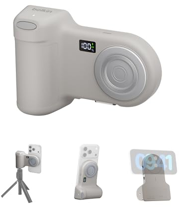 Belkin Stage PowerGrip, Impugnatura per Smartphone, Power Bank Magnetico 9300mAh, Caricatore Portatile con Cavo USB-C Retrattile, Bluetooth, Attacco Treppiede e Schermo LCD, per iPhone, Pixel, etc