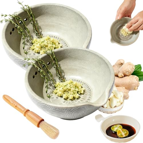 Handmade Garlic Grater X Herb Bowl, Ceramic Garlic Grater Plate with 5 Hole Sizes, Multi-Functional Pottery Herb Stripper Sauce Bowl, Kitchen Prep Tool for Peeling Off Cilantro,Basil Leafy (2pcs)