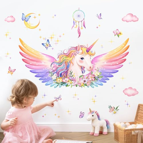 Supzone Wandtattoo Einhorn Groß Wandaufkleber Einhorn Mädchen Schlafzimmer | Federschwinge Rosa Wandsticker fur Kinderzimmer Mädchen Schlafzimmer Babyzimmer Wohnzimmer Wanddekoration