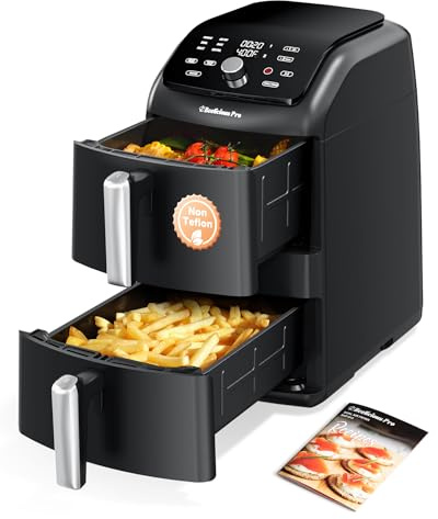 Friggitrice ad aria doppia grande 12QT, friggitrice ad aria doppia 10 in 1 con 2 cesti e tecnologia SyncHeat per una cottura uniforme, design compatto impilato, finitura intelligente e cottura