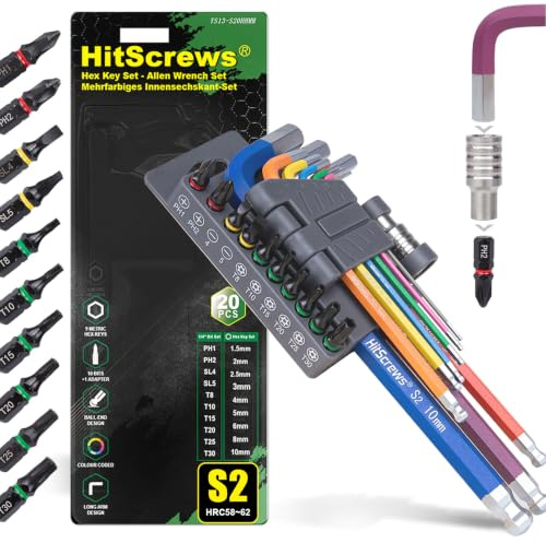 HitScrews 20Pcs Hex Key & Screwdriver Bits Set Colour Allen Keys 1.5-10mm | S2 Steel Magnetic Ball End Metric Hex Keys with PH SL Torx Bits & Adapter ASME B18.3 Mechanics Tool Kit for Motor, Bike & DIY