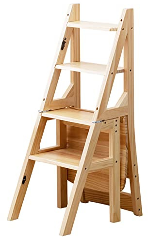 Hopfällbar träpall, bärbar stege, multifunktionell stege/trappstol för hemmabibliotek, hopfällbar pall med 4 steg (färg: trä, storlek: 46x35x90 cm)