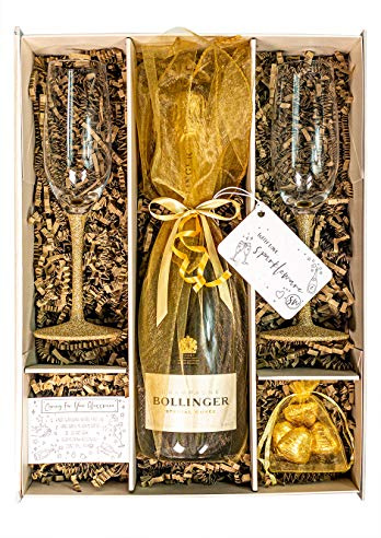 Bollinger Champagne Special Cuvee 75cl Gold Gift Set Hamper With 2 Matching Glass Champagne Flutes, Chocolates And Gift Box - Engagement, Birthday Gift for Champagne Lovers (Sparkling Stems)