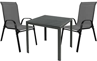 Mojawo Hochwertige Gartengarnitur 3-teilig Gartentisch 90x90cm Anthrazit WPC Grau + 2 Stapelstühle Textilen Schwarz/Anthrazit