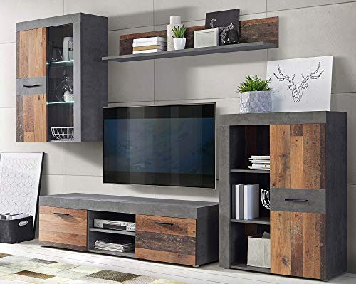 Forte Grigor Wohnwand mit 4 Türen, Holzwerkstoff, Old Wood Wintage mit Betonoptik Dunkelgrau, B x H x T: 290 x 192,3 x 41 cm