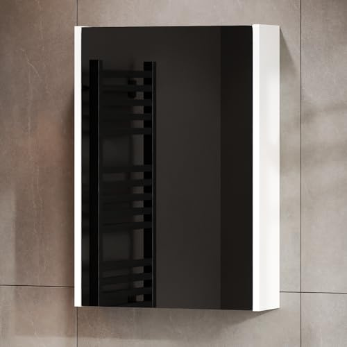 Planetmöbel Spiegelschrank Bad 50 cm, Badezimmerschrank | Aufbewahrungsschrank mit Tür und 2 Glasregalböden, 47,6 x 67,6 x 13,8 cm, Weiß