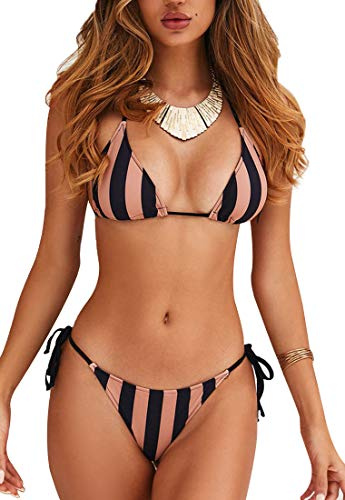 JFAN Bikinis para Mujer Push Up Trajes de Baño de Dos Piezas Triangular Acolchados Tops Brasileños Bañador con Relleno Rayas Negras,S