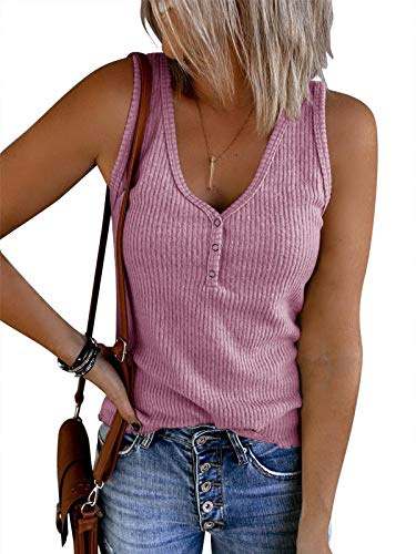Saodimallsu Camiseta sin mangas con cuello en V para mujer, acanalada, sin mangas, estilo Henley, informal, holgada, con botones