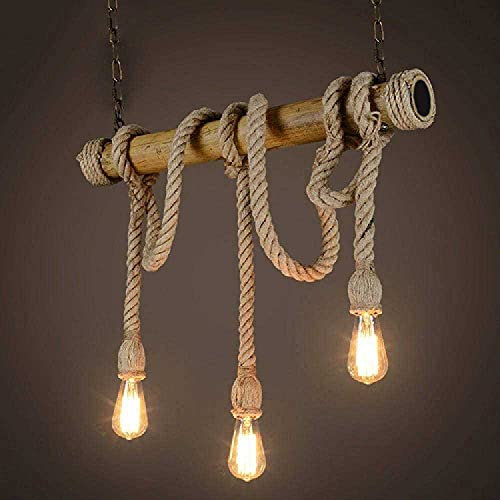 ALETO 3 Heads Hemp Rope Hanging Pendant Light - Retro Industrial Bar Antique Round Metal Lamp Body E27 Vintage Manual Hemp