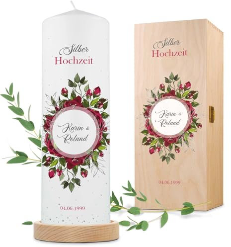 GRAVURZEILE Bedruckte Kerze - Silberhochzeit - Personalisiert mit Namen, Datum & Wunschtext - Personalisiertes Geschenk zur Silbernen Hochzeit 25 Jahre - Hochzeitskerze Stumpenkerze 250/80 mm
