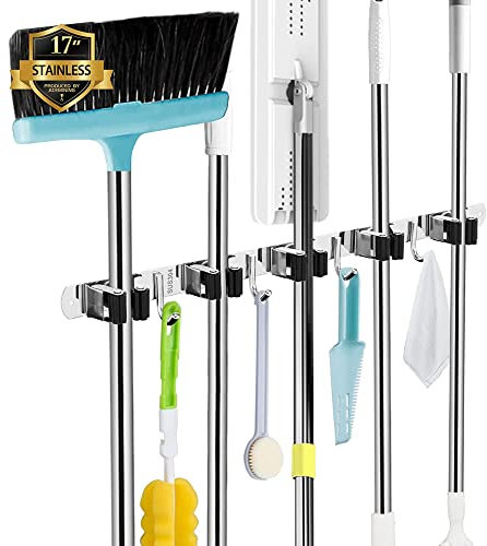 Besenhalterung Wand, 5 Halter + 4 Haken Schwerlast Gerätehalter Selbstklebend, Besenhalter mit Nails Installieren, Gartengerätehalter aus Edelstahl, Wandhalterung Besen für Abstellraum, Garage, Garten