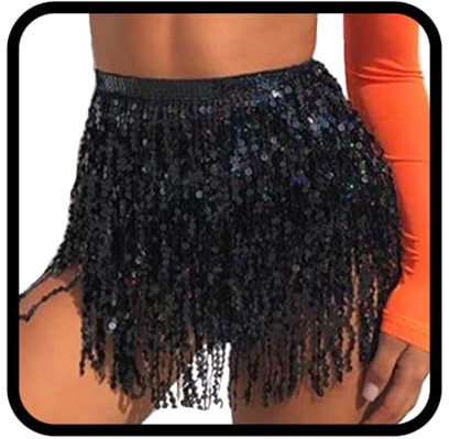 Zookey Nero Gonna con Nappe con Paillettes Danza del Ventre Sciarpa all'anca Costume da Rave Gonna con Frange Rave per Donne e Ragazze (Size:M)