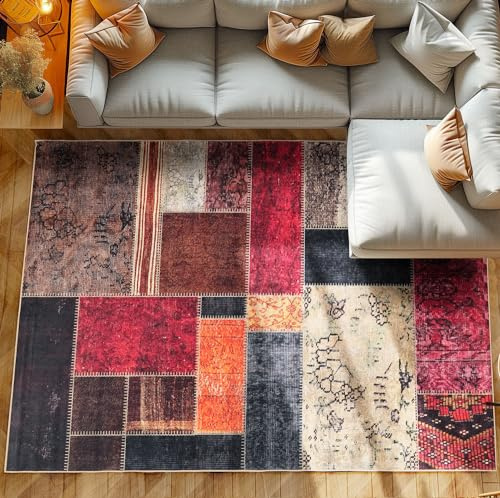 Tapis à Poils Ras Multicolore - Conception de Patchwork, Style Vintage, 140 x 200 cm - Pour Salon