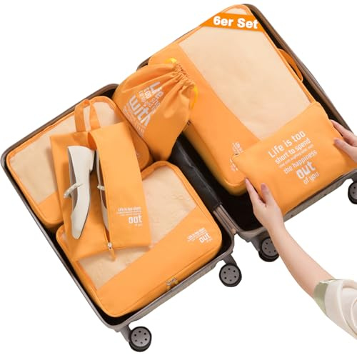 MURISE Förpackning av 6 kuber, klädväskor, resväskearrangör för semester och resor, packkuber set resekuber, organisationssystem för resväskor (Orange)
