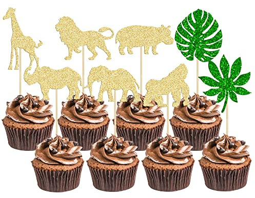 Gyufise Cupcake-Topper, goldfarben, Dschungel-Safari-Tiere, grünes Blatt, Safari, Dschungel, wilde Tiere, Cupcake-Picker für Dschungel-Thema, Babyparty, Kindergeburtstag, Party, Zubehör, 24 Stück