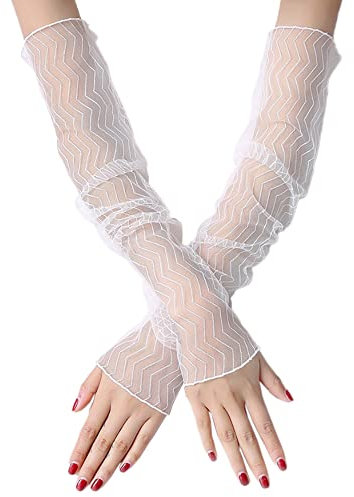 Wambere 2 Paar Damen Kühlung Arm Ärmel Lange Ultradünne Fingerlose Ellbogen Sommerhandschuhe Sonnenschutz UV Schutz Kühles Netz Tül Fingerlose Armstulpen Perfekt Party Outdoor Sportaktivitäten,Weiß F