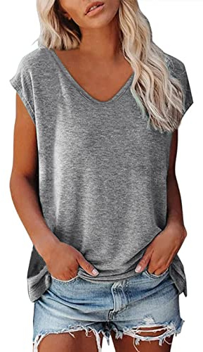 L9WEI Camiseta de manga corta para mujer, cuello de pico, color liso, manga corta, para verano, cómoda, 03# Gris, M