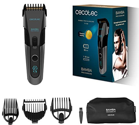 Cecotec Tagliacapelli PrecisionCare Titan. Lama rivestita in titanio, 90 min di autonomia, Fino a 30 mm, Wireless, 3 pettini guida, Display, Avviso di manutenzione, Funzione di blocco.
