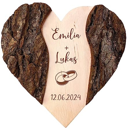 Holzherz mit Gravur, Hochzeitsgeschenk mit Ringe Motiv, Personalisierte Hochzeitstag Deko, Geschenke zur Hochzeit, Holz Herz mit Rinde, Hochzeitsherz, Ringkissen aus Holz, Geschenk zum Hochzeitstag