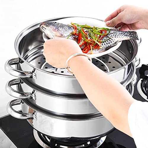 Kaichenyt Ångkokare, 3 kastruller av rostfritt stål, multifunktionell ångkruka, set med glaslock för elektrisk och gasspis, induktion, kruka, kaliber 28 cm
