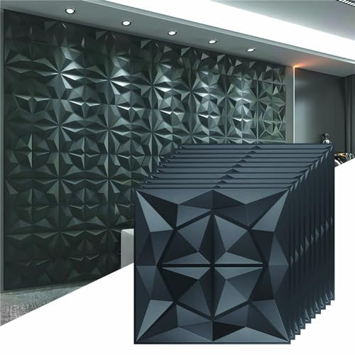 HAILM PVC 3D Diamond Wandpaneele, Matt Black Brick Strukturierte Tapete, für Wohn und Geschäftsinnendekor, 20 Packungen 50X50cm (19,4 Sqm Abdeckung)