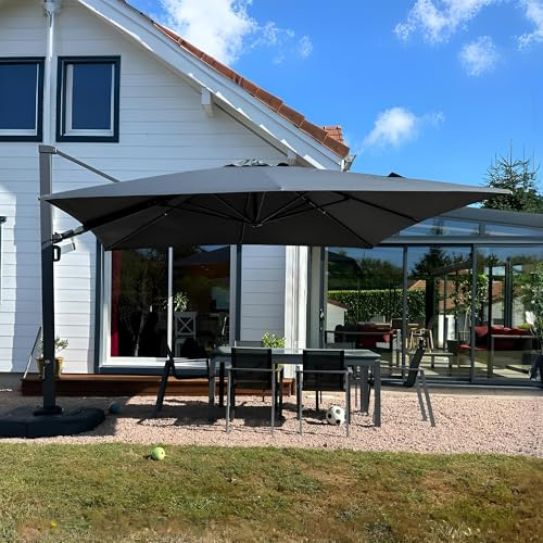PURPLE LEAF Sonnenschirm 365 × 365 cm Eingebauter Griff Aluminium Groß Grau | Große Schattenzone, Verdickter Schirmmast, mehr Stabilität, 360° Flexibilität, Vielseitig Verstellbar, 240g/m² UV50+ Stoff