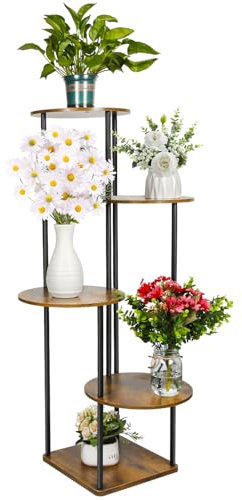 Teklemon Soporte Plantas Interior, Estanteria Plantas de 5 Niveles Estantería para Plantas Soporte para Macetas de Madera Estante Vertical para Esquina para Interiores Exteriores Jardín Balcón(Ronda)