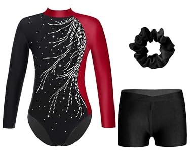 iiniim Mädchen Turnanzug Glitzer Gymnastikanzug mit Shorts Haarband Trikotanzug Langarm Gymnastik Leotard Wettbewerb Tanzkostüm Weinrot&Schwarz 158-164