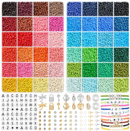 RUBY 3mm Perlen für Armbänder, 48 Farben Armbänder Selber Machen, Glasperlen Set mit 300 Buchstabenperlen, Armband Perlen Set Geschenke für Kinder, Erwachsener zu Weihnachten, Geburtstage usw.