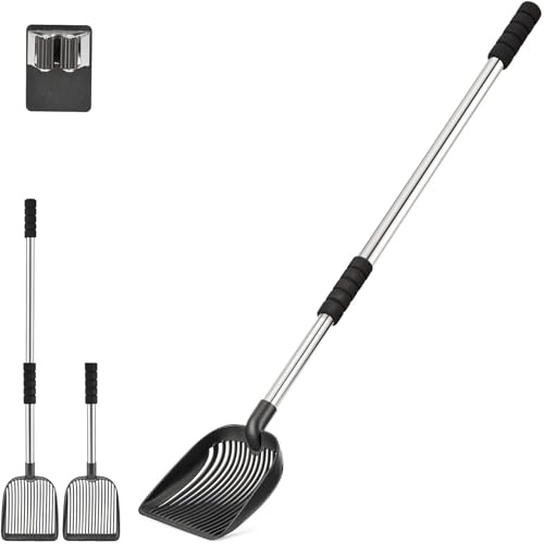 Yangbaga Metal Cat Litter Scoop: 33in Long Handle Scoop w/hook&Deep Shovel | Stainless Steel Scoop-No Bending Back-Detachable handle-Non Stick-Easy clean- Foam Padded Grip Handle-Multi-Cat Household Use
