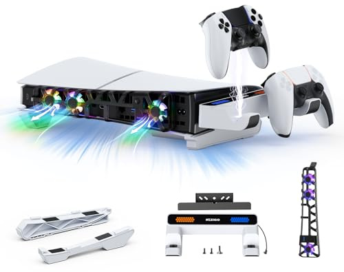 NexiGo PS5 Slim Horizontal Stand with Charging Station for PS5 And Edge Controllers, Silent Enhanced RGB Cooling Fan with Temperature Control, LED Indicator, Compatible with PS5 Slim, White